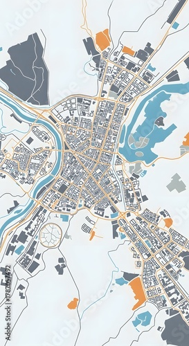 A detailed digital map showcasing an urban city layout with roads, waterways, parks, and various infrastructure elements in a clear and colorful design