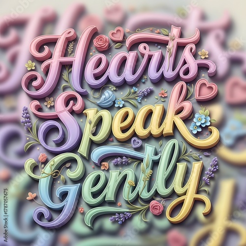 Colorful 3D floral typography with inspirational message that reads 'Hearts speak gently' surrounded by decorative flowers and elegant swirls in a vibrant design