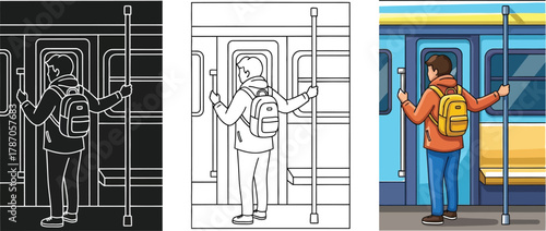 Man with backpack standing in subway car, holding onto handrail