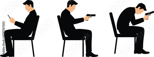 Man Sitting with Smartphone and Gun in Emotional Silhouette Sequence Depicting Mental Health Crisis, Isolation, and Digital Influence