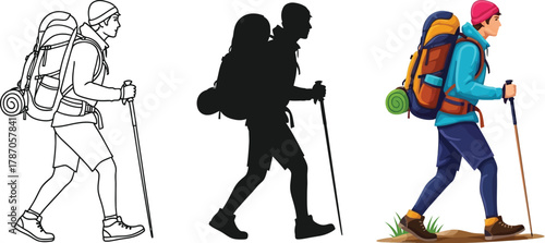 Hiker with backpack and trekking poles