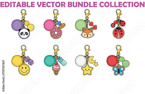 Cute cartoon keychains. Kawaii keychain charms, adorable keyrings for girls and cartoon charm accessories with animal faces, beads and tags isolated vector illustration