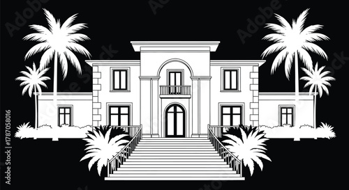 Stunning villa with palm trees for tropical vacation vibes and luxury