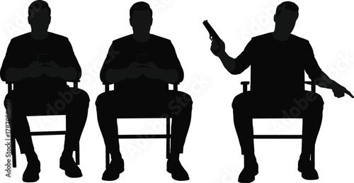 Seated man silhouette using phone then holding gun, concept of transformation, aggression, digital influence, psychological shift, vector illustration