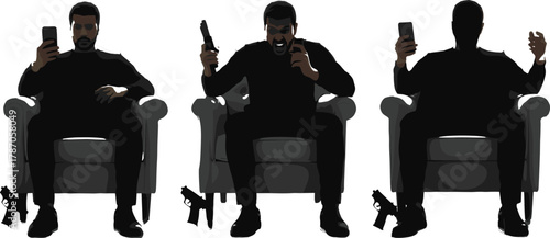 Man Sitting with Smartphone, Emotional Transformation, Gun Symbolism, Anger and Frustration, Dark Silhouette, Technology Impact on Mental State