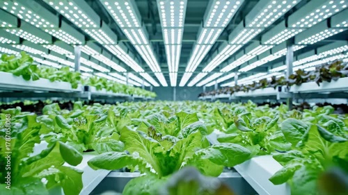 Vertical hydroponic farming system with rows of vibrant green lettuce plants under artificial LED lights, showcasing modern agriculture
