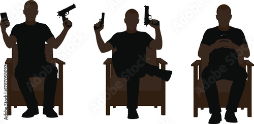 Silhouette of man with smartphone and guns in seated poses, modern lifestyle contrast, technology versus violence, dramatic vector concept