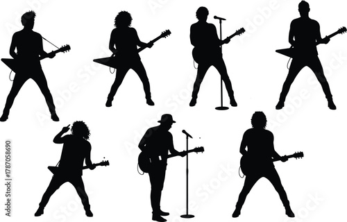 Energetic rock band silhouettes performing live with guitars and microphones, perfect for music-themed vector art and concert design projects.