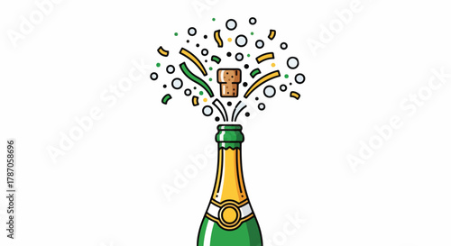 Champagne bottle popping with cork and confetti, celebration illustration.