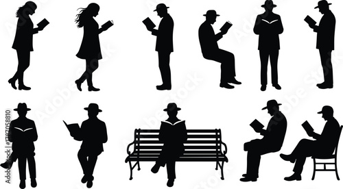 Silhouettes of people reading books in various postures, sitting and standing, male and female figures, educational and leisure activity scene