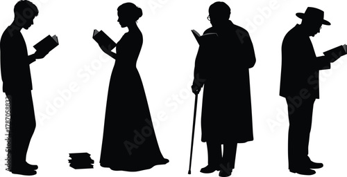 Silhouettes of Diverse People Reading Books in Standing Positions Representing Education, Culture, History, Learning, and Timeless Intellectual Engagement