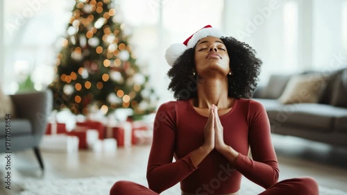 Young woman practicing yoga and meditation, finding peace during the holiday