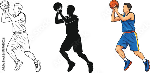 Three variations of a basketball player shooting ball