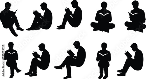 Silhouette set of people reading books in various seated positions, ideal for education, lifestyle, posture, and ergonomic design themes.