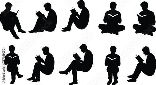 Silhouette people reading books in various seated postures, relaxing with literature, education, leisure, study habits, black vector illustration