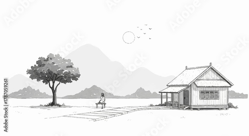 Aesthetic Home Watercolor Modern House Amidst Mountains