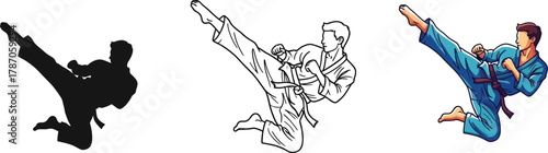 Illustration of a martial artist performing a kick, available as a silhouette, outline, and color version