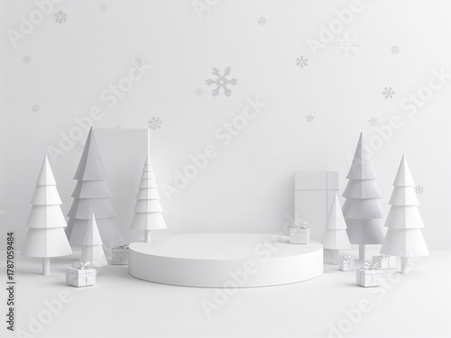3D render of a white Christmas scene. A minimal podium with abstract trees, gifts, and snowflakes. Product display.