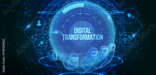Concept of digitization of business processes and modern technology. Digital transformation. 3d illustration