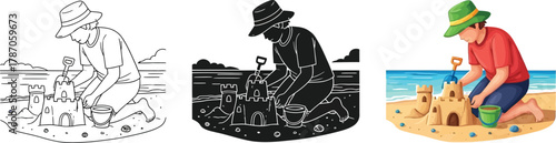Boy building sandcastle beach, available in line art, silhouette, and color
