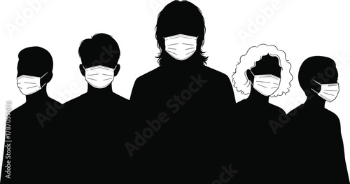 Silhouette group wearing face masks for public health awareness, pandemic protection, virus prevention, safety illustration, and medical hygiene concept art