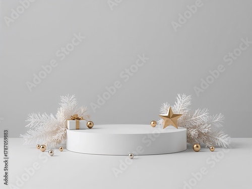 A 3D render of a white Christmas podium with a gold star, gift, and baubles on a grey background. Product display.