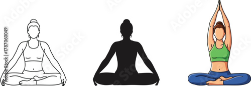 Illustration of a woman practicing yoga in lotus position with hands raised