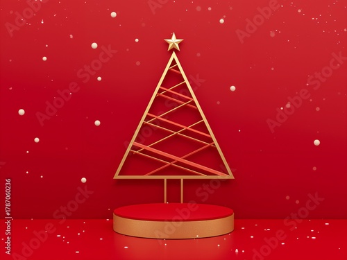 3D render of a red and gold podium with a geometric Christmas tree. Festive product display on a red background.