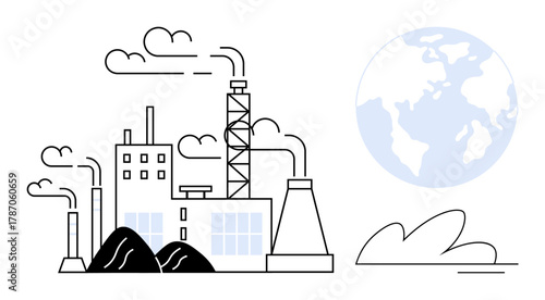Factory buildings with chimneys releasing smoke, earth globe, clouds, and coal piles. Ideal for pollution, climate change, global warming, industrialization, energy consumption environmental issues