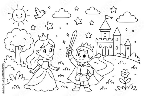 Cute Prince and Princess with Castle and Sun, Fairytale Coloring Page for Kids