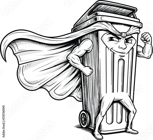 Heroic Trash Bin Character with Flowing Plastic Cape in Confident Dynamic Black and White Vector Illustration Design
