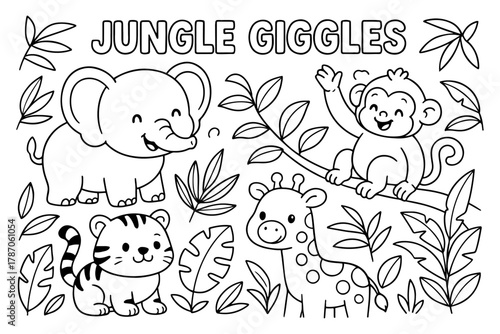 Cute Jungle Animals Coloring Page Elephant, Monkey, Giraffe, Tiger, and Leaves
