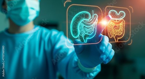 Doctor Examining Digestive System Anatomy with Hologram Technology