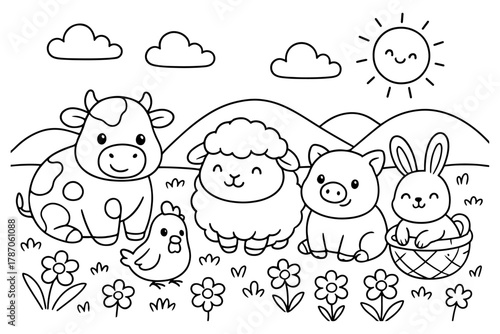 Cute Farm Animals Coloring Page Cow, Sheep, Pig, Chicken, Rabbit in Basket