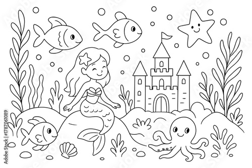 Cute Mermaid Castle Underwater Scene with Fish Octopus Starfish and Seaweed Coloring Page