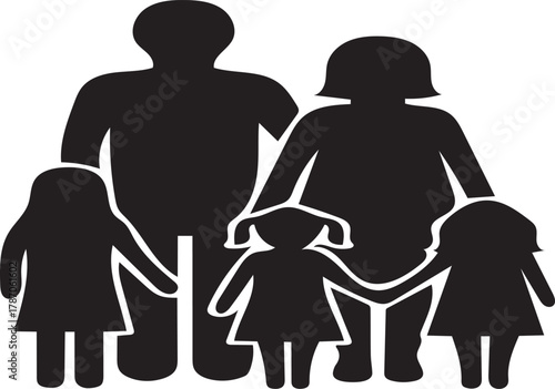 Family silhouette with parents and three young girls standing