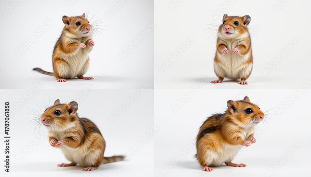 Obraz premium Hamster small pet cute standing white background whisker brown fur alert studio portrait Hamster standing hind legs with tiny paws, curious