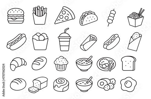 Diverse Line Art Food Icons Collection for Menus and Apps Diverse Line Art Food Icons Collection – Hand-Drawn Culinary and Kitchen Illustration Set