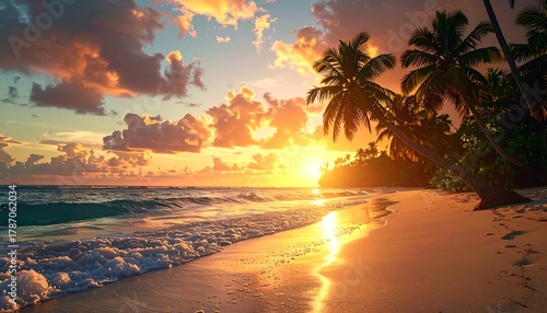 Fototapeta Naklejka Na Ścianę i Meble -  Beach scene with palm trees at sunset, golden and orange hues