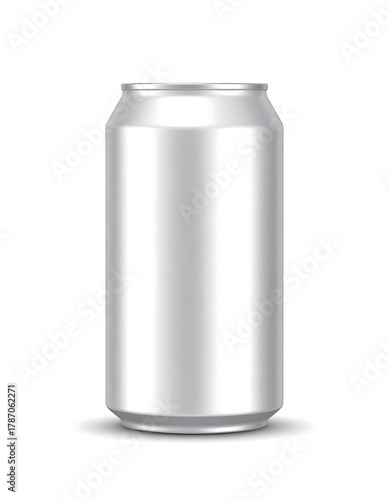 Metallic, cylindrical beverage container, shadow on white background