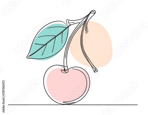 Minimalist line art depicting a single cherry with stem and leaf