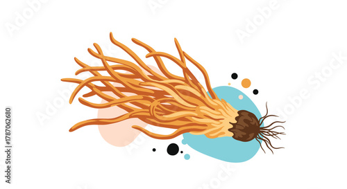 Stylized illustration of Cordyceps mushroom with vibrant golden-orange fruiting bodies and a dark brown root-like base, against abstract shapes.