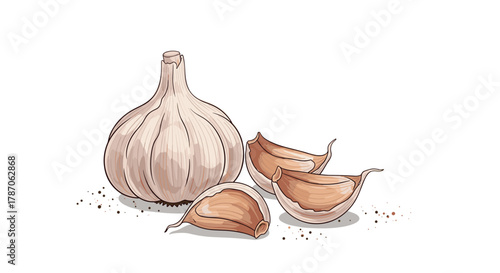 A detailed hand-drawn illustration depicting a whole garlic bulb alongside several individual cloves on a clean white background, with scattered dark specks.