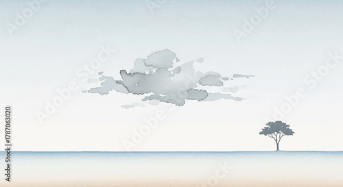 Serene watercolor landscape with a lone tree under a modern aesthetic cloud formation, minimalist horizon
