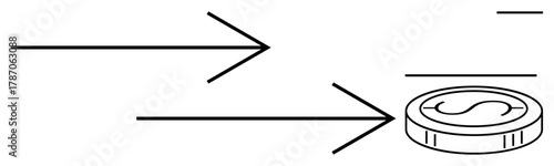 Two bold arrows point towards a coin with a dollar sign, symbolizing finance, investment, savings, business strategy, payment process, transaction, and economic development in a simple flat metaphor
