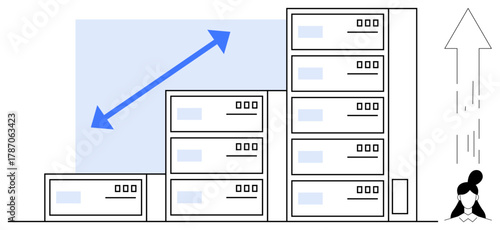 Stacked server racks increase in size with blue growth arrow. Businesswoman beside upward arrow. Ideal for growth, scalability, success, technology, data management, innovation, business potential