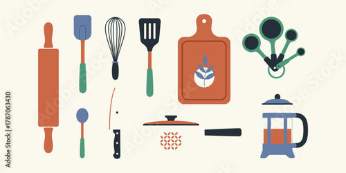 Collection of kitchen utensils and cooking equipment in a flat design style