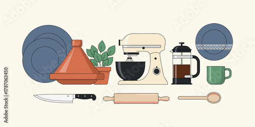Collection of Kitchen Utensils and Appliances for Cooking and Baking