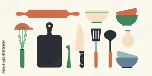 An essential and colorful collection of flat design kitchen utensils, bakeware, and bowls, perfect for home cooking, baking, and creating delicious meals with a touch of culinary charm