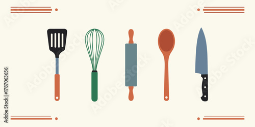 Collection of essential culinary tools for food preparation, featuring a whisk, rolling pin, and spoon in a flat vector style